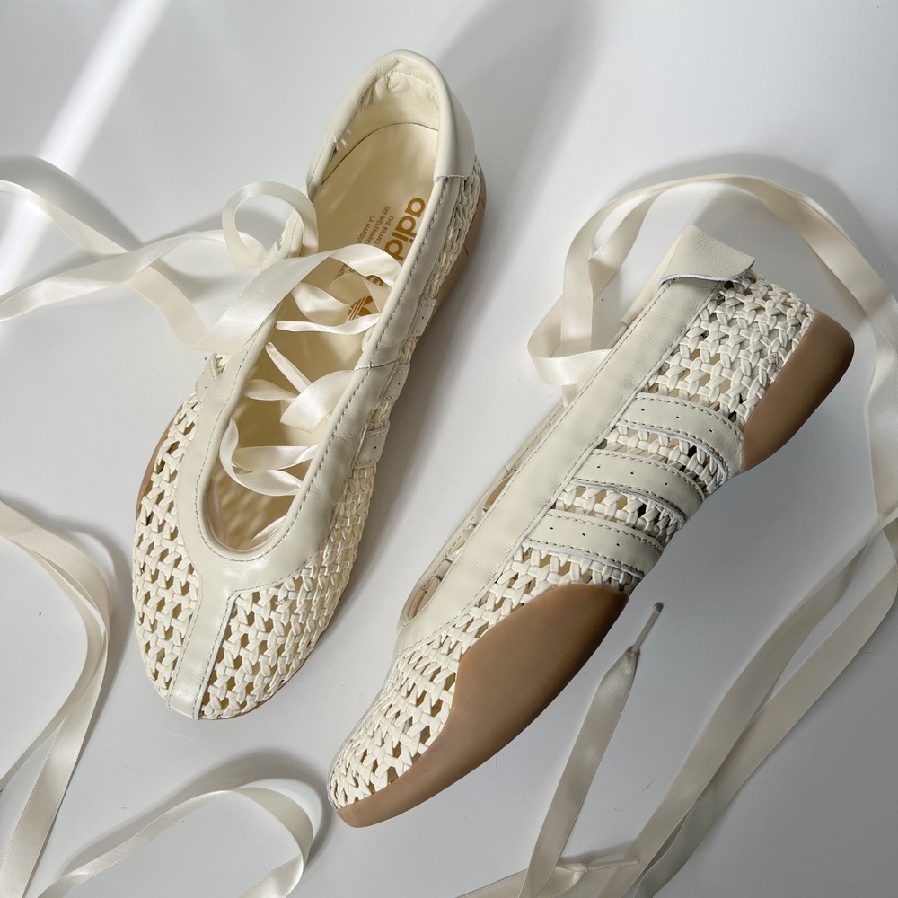 Adidas Taekwondo Mei Woven Ballet Flats 8.5 Cream White Ribbon Lace Up Shoes